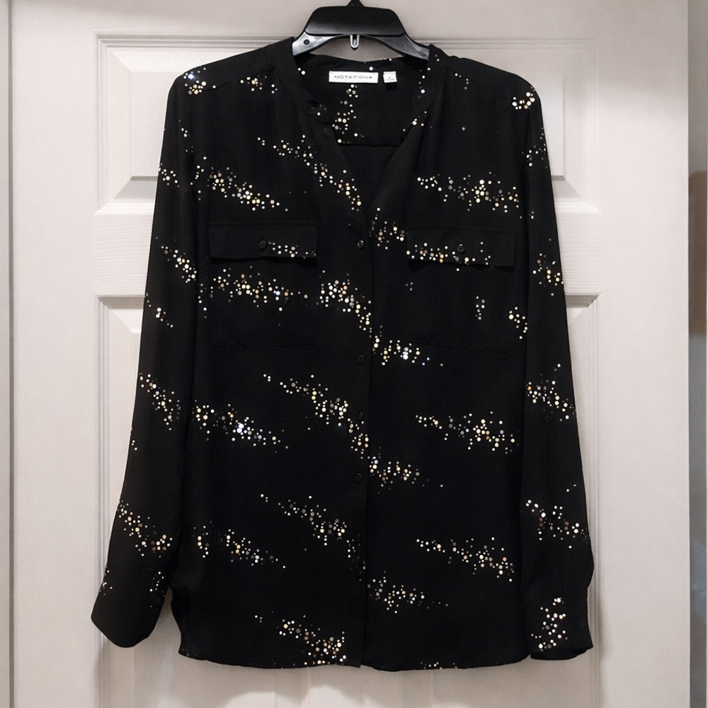 Notations Black Sequin Sparkle Blouse Party Top Size L